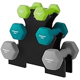 SONGMICS Hantel-Set für Krafttraining, mit Aufbewahrungshalterung, Fitness, 2 x 1 kg, 2 x 2 kg, 2 x 3 kg, Vinylbeschichtung, leuchtendes Grün, Türkis und Hellgrau, SYL612GN