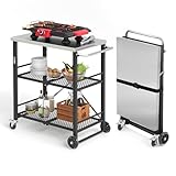 LUE BONA Grillwagen Zusammenklappbar,Grilltisch mit 2 Ablagen,Outdoorküche Beistelltisch auf Rädern,Servierwagen Für Garten Grill Camping,Edelstahl-Tischplatte