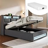 BENMWS Polsterbett,mit USB,90x200cm,LED Einzelbett,mit Lattenrost aus Metallrahmen,Bettgestell aus Leinenmaterial Jugendbett,Grau(Mit Matratze)