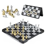 Gibot Mini Schachspiel magnetisch - Reise Schachbrett klappbar Schachbrett Schach Reiseschach Magnetisch Schachcomputer für Kinder und Erwachsene Reisen, Silber und Gold - (16 cm x 16 cm)