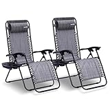 SereneLife Liegestuhl Klappbar, Relaxliege 2er Set Grau als Gartenmöbel zum Relaxen & Liegen, Sonnenstuhl für Balkon, Garten, Terrasse & Camping mit Seitentisch, Kopfkissen & Getränkehalter