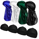 4 Stück Silky Durag Pack Doo Rag mit langem Schwanz und 4 Stück Satin Wave Cap Perfekt für Männer 360 Waves