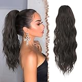 FESHFEN Braun Pferdeschwanz Haarteil mit Kordelzug, 45 cm Wellen Zopf Pferdeschwanz Verlängerung Dunkelbraun Haare Extension Synthetik Lang Wellig Haarverlängerung Ponytail für Damen Frauen