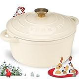 Overmont Bräter Emaille Gusseisen Topf - Schmortopf 26cm backofengeeignet - mit Deckel und Kochbuch - für Küche Backen Schmoren Braten Weiß