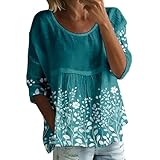Damen-Tunika, Sommer, Boho, Blumenmuster, 3/4-Ärmel, fließend, lässig, locker, niedlich, Übergröße, plissiert, Blusenhemden, 2b-himmelblau, X-Groß