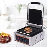 Elektro Kontaktgrill 1800W Profi Edelstahl Panini Maker Sandwichtoaster Multigrill Geriffelt Gusseisen Grillplatte für Sandwiches, Steak und als Panini Grill, Temperaturbereich 0-300℃