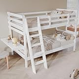 Kinderbett Etagenbett 90x200 cm, Hochbett für 2 Kinder, Holzbett mit Schreibtisch und Leiter, Doppelbett Jugendbett Bettgestell mit Lattenrost und Rausfallschutz, Kiefer+MDF, Ohne Matratze, Weiß