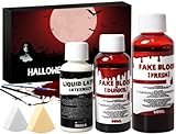 Kunstblut Halloween Schminke Set, Karneval Make up Set für Zombie Vampir, SFX Make up Gefälscht Narben Wound Bilden, Frisches Fake Blood, Dunkelrotes Fake Blut, Make-up Pinsel und Schwamm