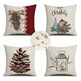 Outdoor Wetterfest Kissenbezug 45x45 cm 4er Set Beige Kissenbezüge Weihnachten Outdoor Kissen Wasserdicht Leinen Sofakissen Dekokissen für Garten Terrasse Bank Stuhl Outdoor Heimdekoration Geschenke
