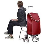 Robuster Einkaufswagen für ältere Menschen mit Sitz, faltbar, tragbar, wasserdicht, multifunktional, tragbar, Treppensteiger, Trolley mit 6 Rädern, Fußball, Rot