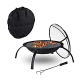 Relaxdays Feuerschale, Tragetasche, Funkenschutz, Grill- & Holzrost, Schürhaken, Garten & Terrasse, D 55,5 cm, schwarz