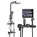UioQrintan Duschmischer Mattschwarz Thermostat-Duscharmatur LCD-Digitalanzeige Regenbadewannenarmatur mit Badezimmerregal-Duschset