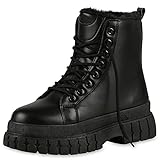 VAN HILL Damen Warm Gefütterte Plateau Boots Chunky Stiefeletten Blockabsatz Schuhe Profilsohle Schnürer Kunstfell Booties 201797 Schwarz 41