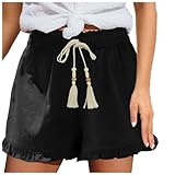 Cvanxluy Shorts Damen Sommer Leinen Musselin Kurze Hose Beach Shorts Mit Taschen Elastische Taille Stretch Gerades Bein Sport Shorts Mit Kordelzug Leinenhose Gartenhose Damen