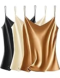 VIDUSSA Damen Satin Cami Tank Top Basic Shirt V-Ausschnitt Ämellose Blusen Seidentop Oberteile 3er Pack Schwarz+Champagner+Khaki XL