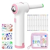 LOMUG Airbrush Marker Set, Airbrush Textil Set mit 12 Abwaschbare Doppelspitzen Textilmarker, 3 Schablonen und 1 Sportbeutel für Kinder, Malen Graffiti Kunstmalerei DIY-Handwerk (Rosa)