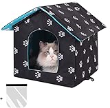 Katzenhaus Für Draußen Winterfest Wasserdicht, Katzenhöhle für Draußen, Hundehöhle Hundehaus Tierheim für Streuner Haustiere, mit Katzenmatte Abnehmbarem Transparentem Vorhang (Black, L)