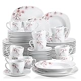 Geschirr Weißes Porzellanteller-Set aus Keramik mit rosa Blumenmuster, mit Suppen- und Dessertteller, Tassen und Untertassen for 12 Personen(60-PIECE)