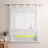 CORLIF Raffrollo Landhaus Raffgardine Küche Modern Schlaufenrollo Leinenoptik mit Wellenmuster Transparente Rollos Kurz Fenster Schal mit Schlaufen B/H 120/140 cm Sand