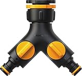 Fiskars 2-Wege-Ventil Multi, Mit On/Off-Ventil, Für drei Gewindegrößen Ø 21 mm (1/2'), Ø 26,5 mm (3/4') und Ø 33,3 mm (1'), 85 g, Schwarz/Orange, 1027061