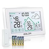 BALDR Wetterstation Funk mit Außensensor, Digital DCF-Funkuhr Innen und Außen Thermometer Hygrometer mit Wettervorhersage, Funkthermometer mit Batteriebetrieben Wetterstation