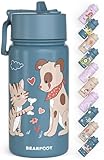 BEARFOOT Trinkflasche Kinder Edelstahl mit Strohhalm - Thermosflasche 400ml - BPA frei - auslaufsicher - Kleinkinder, Mädchen & Jungen Wasserflasche für Schule, Kindergarten (Blau - Hund Katze)