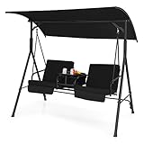 COSTWAY Hollywoodschaukel mit Kühltasche, drehbarem Tablett und abnehmbaren Kissen, 2-Sitzer Gartenschaukel mit verstellbarem Dach, Schaukelbank für Garten, Terrasse & Hinterhof, 181 x 124 x 161,5 cm