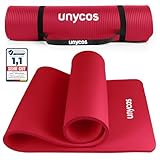 unycos - Gymnastikmatte - Yogamatte Rutschfest【183x60 cm】NBR 15 mm Dicke | Inkl. Tragegurt und E-Book mit Übunge, Sportmatte Ungiftig für Fitness, Pilates & Gym, Home Sport (Rot)
