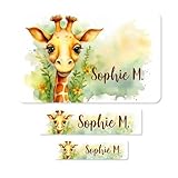 Striefchen® Personalisierte Schulaufkleber für Kinder – 100 Stück – Namensetiketten mit Wunschname – Verschiedene Motive – Aufkleber für Schule & Kita (Giraffe)