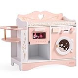 ROBUD Holzpuppen-Wickelstation, 4-in-1 Kleinkind-Puppen-Wickeltisch mit Waschmaschine & Flaschensterilisator, Aufbewahrung & Puppensitz, Puppenzubehör für Puppen unter 20', Geschenk für Kinder Rosa
