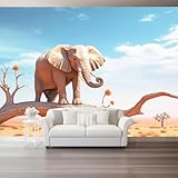 Künstlerische Tapete 150 x 105 cm, Tiere Wüste Elefanten Tapeten für Wohnzimmer Schlafzimmer Dekoration - Blau Vliestapeten Modernes Wanddekoration