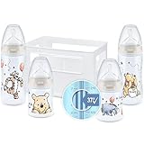 NUK First Choice+ Babyflaschen Starter Set | 0–6 Monate | 4 Flaschen mit Temperature Control Anzeige & Flaschenbox | Anti-KoliK-Ventil | BPA-frei | Disney Winnie Puuh | 5 Stück