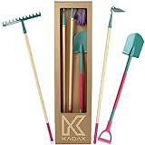 KADAX Gartenwerkzeug-Set, 4er Set, Metall Spaten, Rechen und Hacke, Gartenwerkzeug für Damen, inclusive Handschuhe, Gartenset, Gartengeräte (4)