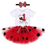 FYMNSI Baby Mädchen Erster 1. Geburtstag Outfit Marienkäfer Kostüme Baumwolle Kurzarm Strampler Body Prinzessin Tütü Tüll Rock Schleife Stirnband 3tlg Bekleidungsset Rot - 1. Geburtstag 1 Jahr