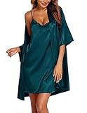 Ekouaer Nachthemd Damen Sommer Nachtkleid Kurz Zweiteiliger Sleepshirt Babydoll Morgenmantel Grün S