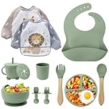 Baby Geschirrset,12er Set Kindergeschirr, Babylöffel,Trinklernbecher,Silikon Lätzchen,Baby Teller Kinderteller mit Saugnapf,Baby Led Weaning Set
