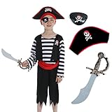 Rabtero Kinder Piraten verkleiden sich, Jungen Piraten Kostüm mit Piraten Hut, Augenklappe, Piraten Cutlass für Kinder 5-6 Jahre