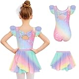 Arshiner Ballettkleidung Mädchen Ballettkleid Regenbogen Balletttrikot Kurzarm Zweiteiliger Ballettanzug Kinder Ballerina Kostüm Ballett Tanzbody mit Rock Tütü 3-4 Jahre