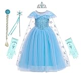 REXREII Prinzessin Elsa Kleid für Mädchen Karneval Kostüme Verkleidung Geburtstag Party Hochzeit Zeremonie Weihnachten Halloween Cosplay Verkleiden Sie mit Zubehör 7-8 Jahre