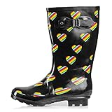 NORTY Hurricane Gummistiefel für Damen, 14 Feststoffe und Drucke, glänzend und matt, wasserdicht, Wadenlang, Regenbogen-Herz-Stolz, 8 US