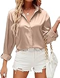 HANERDUN Damen Bluse Langarmshirt V-Ausschnitt Hemd Die Seide Elegant Lässige Oberteile Knopfleiste Arbeit Einfarbig Hemdbluse(Champagne_M)