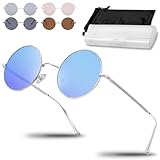 Netrox® Runde Sonnenbrille im Retro-Stil mit Metallrahmen + Etui und Microfaserbeutel - UV400-Schutz - Vintage Unisex Herren und Damen - Sonnenbrillen, Gläser verspiegelt, Sunglasses, rund, blau