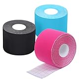 Kinesiologie Tape Sport (3 Rollen 5m), Elastisches Sporttape aus Baumwolle, Selbstklebend Tape für Muskeln und Gelenke, 5cm Breite (Blau & Schwarz & Rosa)