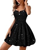 Aupuls Damenkleid mit Pailletten, glitzernde Spaghettiträger, Mini-Cocktailkleid, Party, Heimkehr, Schwarz, X-Groß