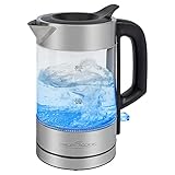 ProfiCook 501229 Wasserkocher Glas Edelstahl mit LED Beleuchtung, hitzebeständiger Glaswasserkocher Edelstahl mit Einhandbedienung, mit Wasserstandanzeige, Teekocher 1600 Watt, 1 liter