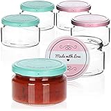 com-four® 6x Einmachgläser mit Schraub-Deckel Made with love in grün und rosa - TO Ø 82 mm - empfohlene Füllmenge ca. 200 ml - bis Glasrand: ca. 250 ml
