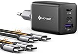 NOVOO 67W USB C Ladegerät 3-Port GaN Ⅲ USB C Netzteil Schnellladegerät mit 2 PD 100W Typ-C-Kabeln Wandladegerät für MacBook Pro 14'',Dell XPS 13,iPad Pro,iPhone 15,Galaxy S24/S23,Note20,Apple Watch