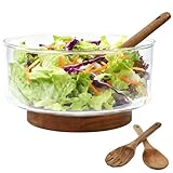 VGECEE Salatschüssel Glas Groß 3700ml Salatschalen Glas mit Holz Salatbesteck Glasschüssel Salat Servierschale Groß Lebensmittelechte Schüssel mit Akazienholzboden für Salate, Obst, Hauptgerichte