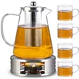 Cieex Teekanne mit Siebeinsatz und Stövchen, Teekanne aus Glas, Kaffeekannen Borosilikatglas 1200 ml + 4 * 120 ml Glas Teetasse für Schwarzen Tee, Grüner Tee, Duftender Früchtetee