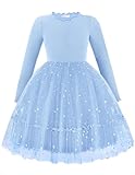 Arshiner Mädchen Kleider Tüll Glitzer Langarmkleid Kinder Faltenkragen A-Linie Partykleid Festliche Herbst Winter Freizeitkleid für Mädchen 4-5 Jahre Blau
